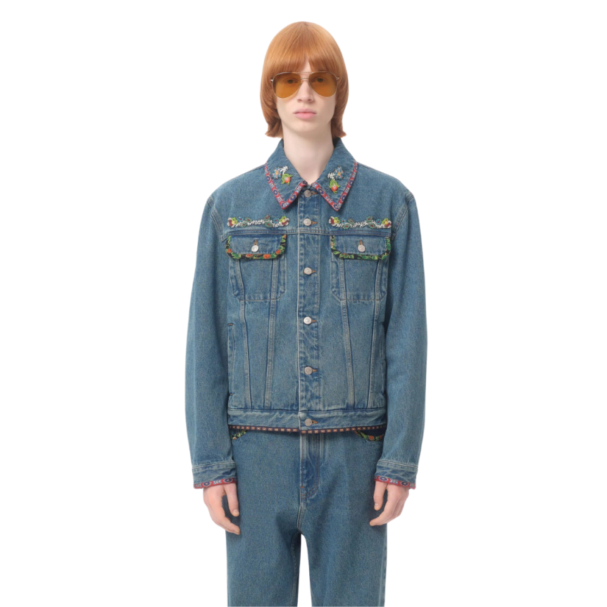 Veste Jean VALENTINO denim coton bleu broderies perle fleurs