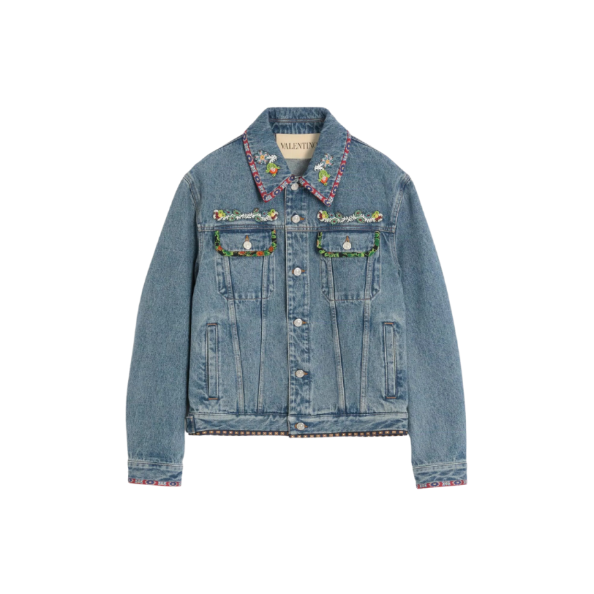 Veste Jean VALENTINO denim coton bleu broderies perle fleurs