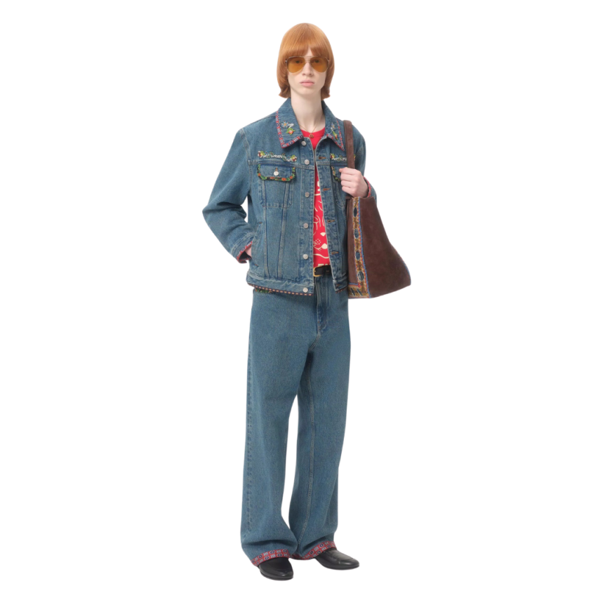 Veste Jean VALENTINO denim coton bleu broderies perle fleurs