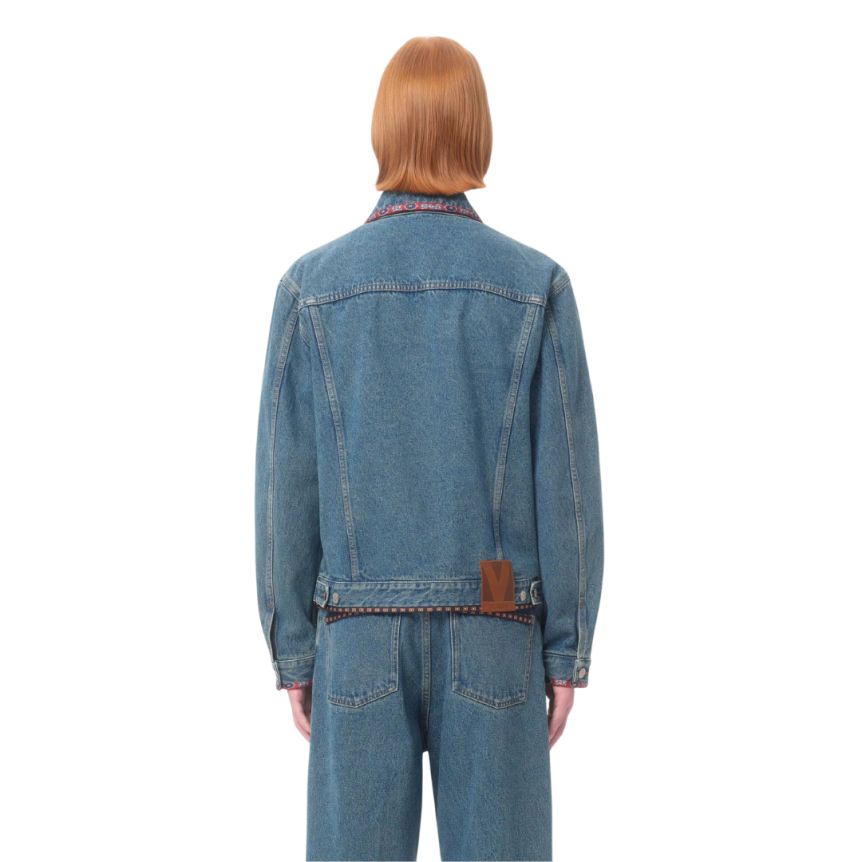Veste Jean VALENTINO denim coton bleu broderies perle fleurs