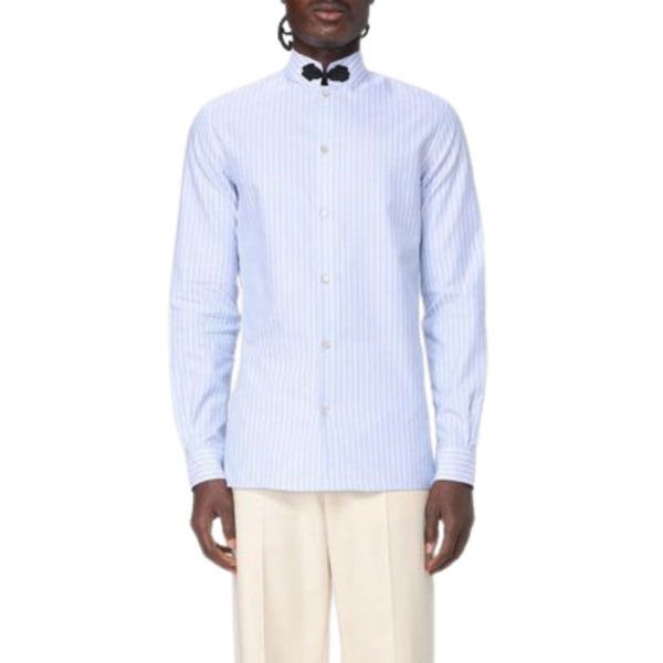 Chemise VALENTINO col mao coton bleu ciel rayure blanche passementerie