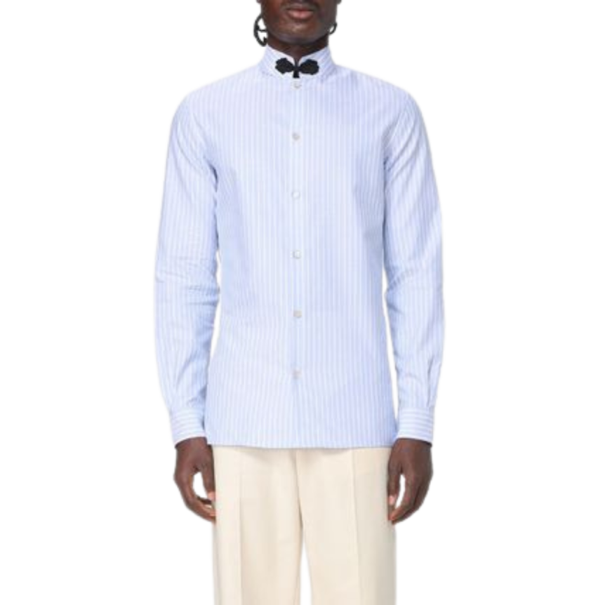 Chemise VALENTINO col mao coton bleu ciel rayure blanche passementerie