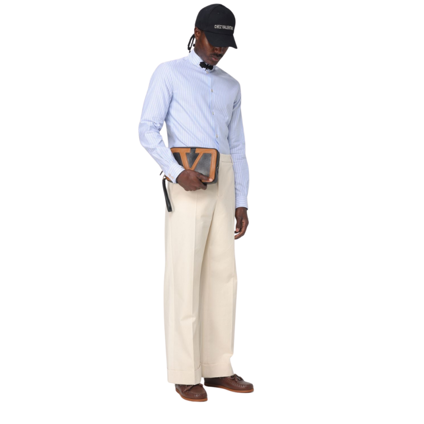 Chemise VALENTINO col mao coton bleu ciel rayure blanche passementerie