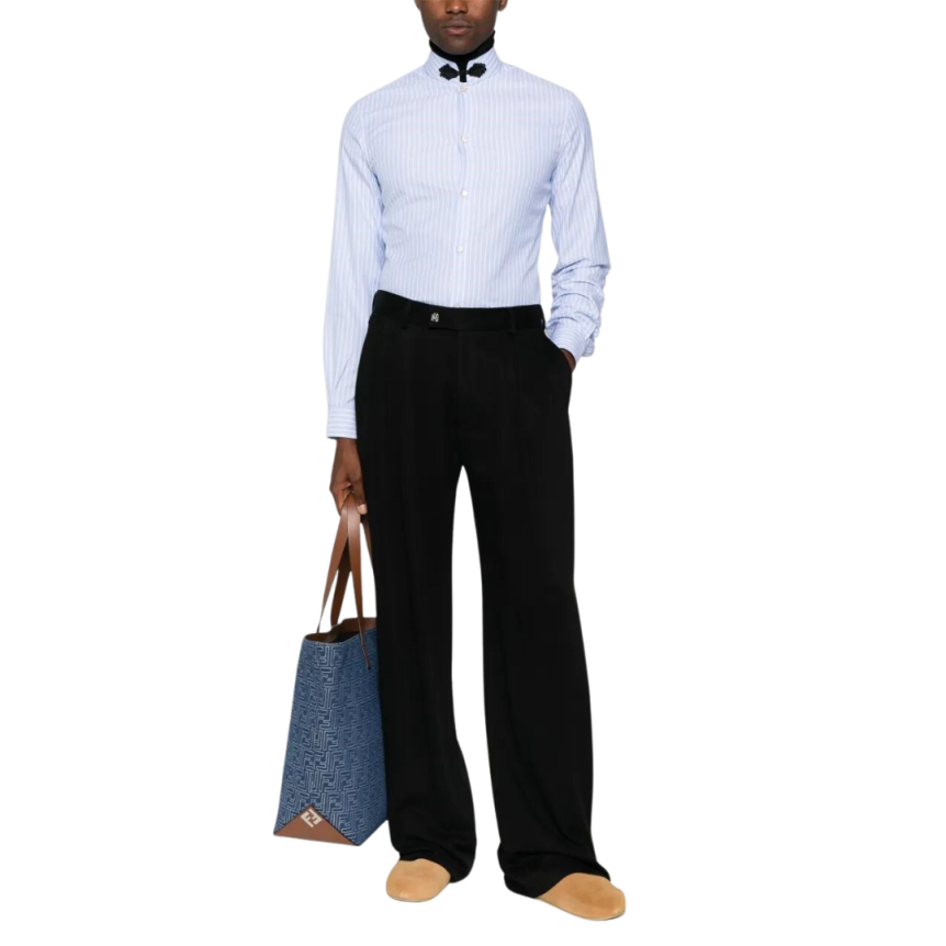 Chemise VALENTINO col mao coton bleu ciel rayure blanche passementerie