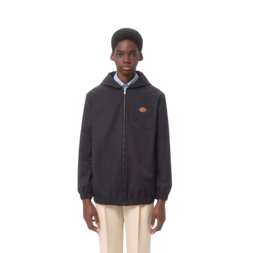 Blouson à capuche VALENTINO nylon noir poche poitrine VLogo