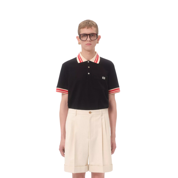 Polo VALENTINO piqué coton noir col blanc rouge écusson VLogo