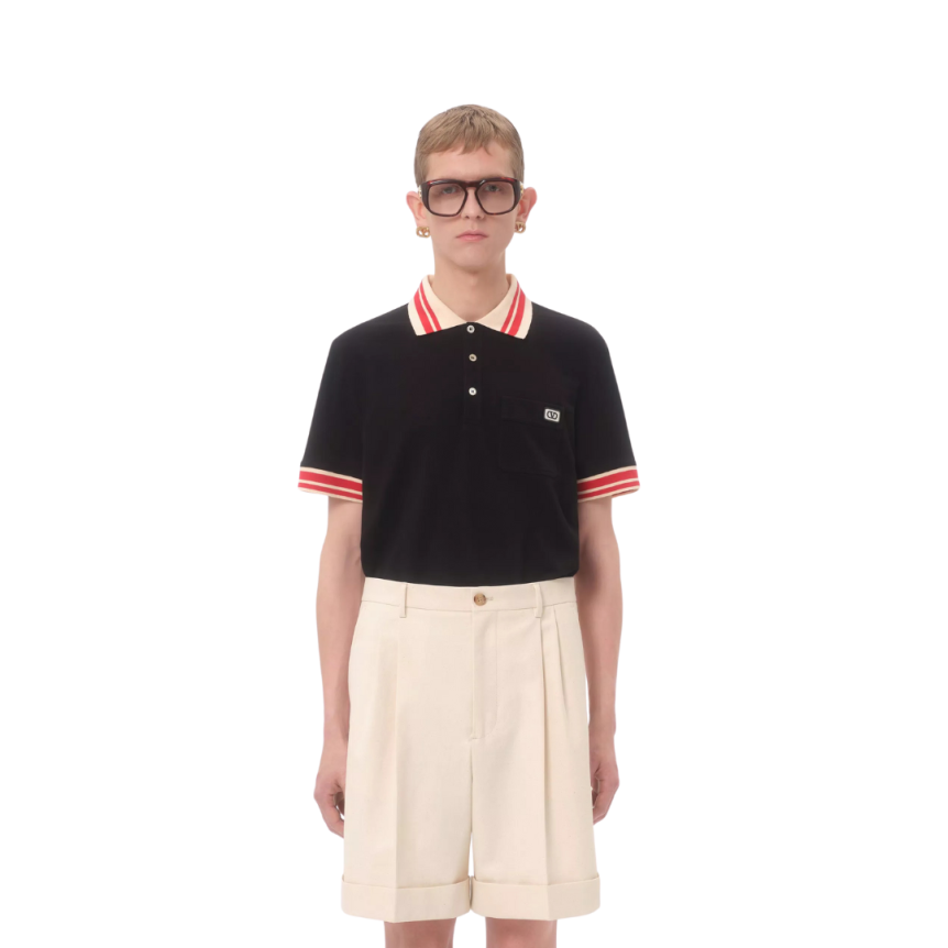 Polo VALENTINO piqué coton noir col blanc rouge écusson VLogo