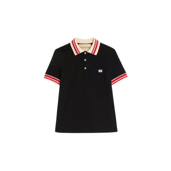Polo VALENTINO piqué coton noir col blanc rouge écusson VLogo