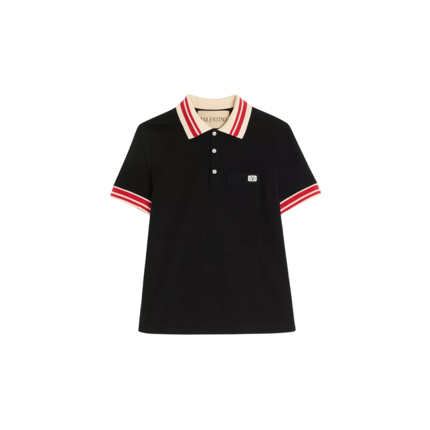 Polo VALENTINO piqué coton noir col blanc rouge écusson VLogo
