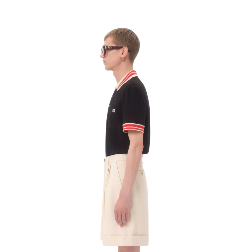 Polo VALENTINO piqué coton noir col blanc rouge écusson VLogo
