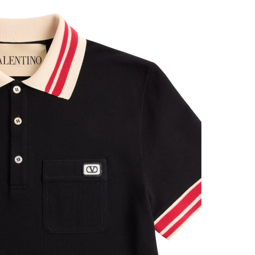 Polo VALENTINO piqué coton noir col blanc rouge écusson VLogo