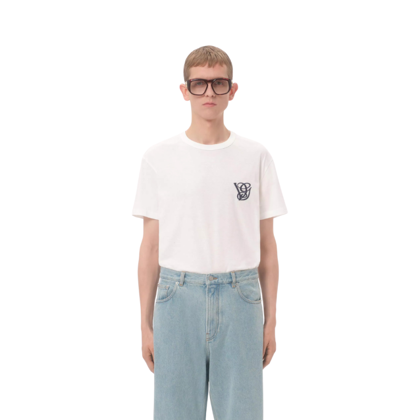 T-shirt col rond VALENTINO coton blanc écusson VG bleu marine