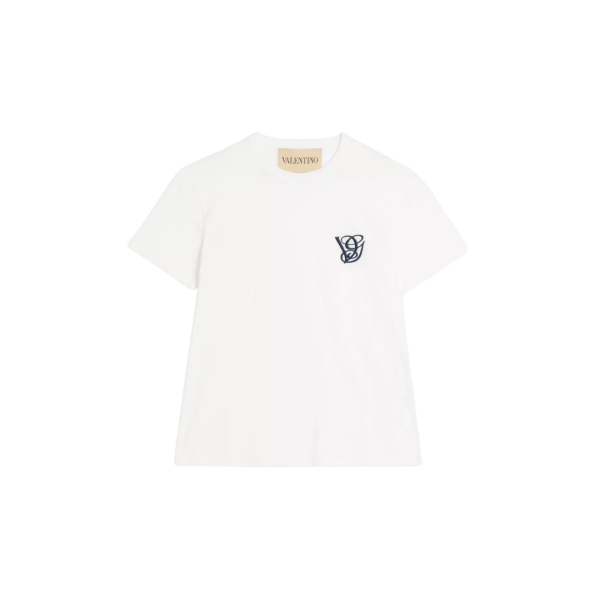 T-shirt col rond VALENTINO coton blanc écusson VG bleu marine