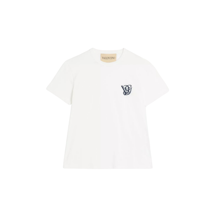 T-shirt col rond VALENTINO coton blanc écusson VG bleu marine