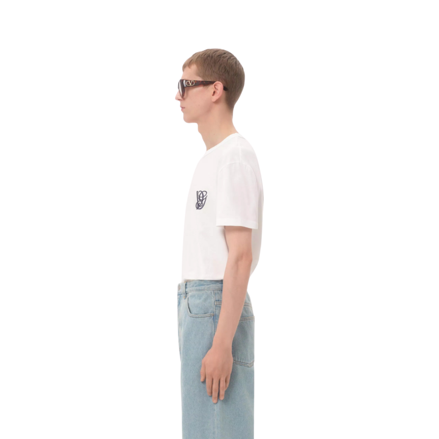 T-shirt col rond VALENTINO coton blanc écusson VG bleu marine
