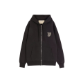Sweat-shirt zippé à capuche cardigan coton noir broderie VG ecru
