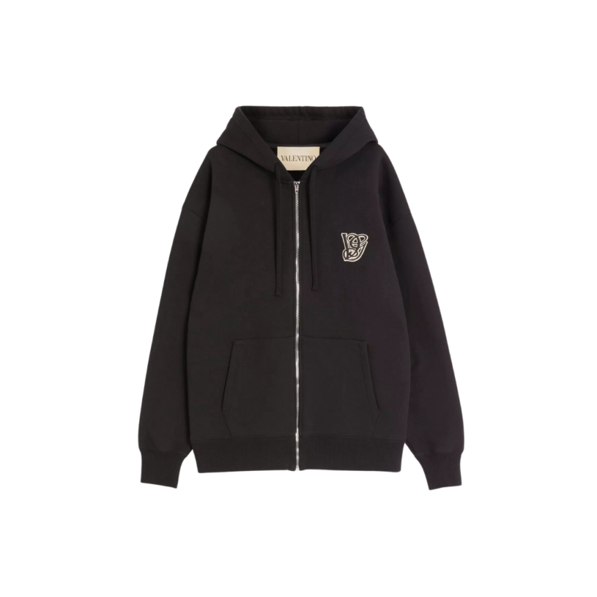 Sweat-shirt zippé à capuche VALENTINO cardigan coton noir broderie VG ecru