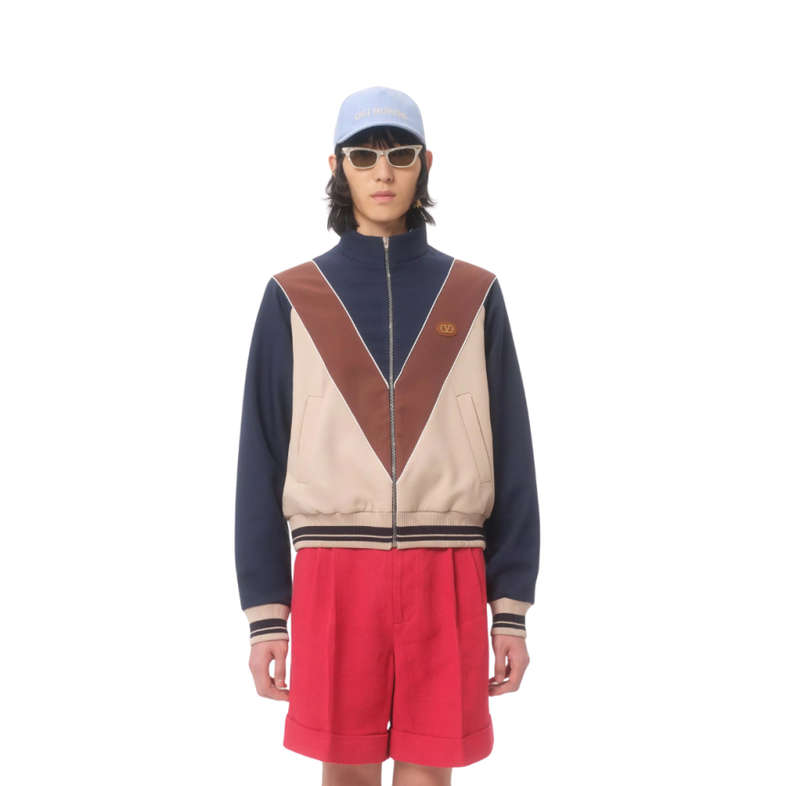 Sweat-shirt zippé VALENTINO Cardigan nylon bleu marine beige marron VLogo