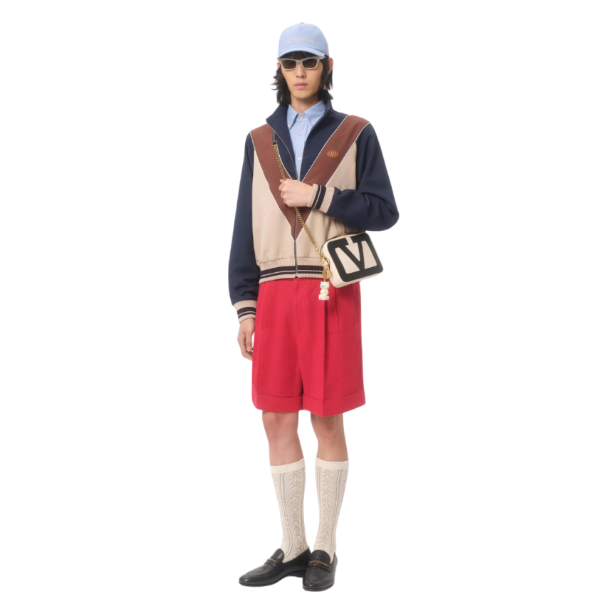 Sweat-shirt zippé VALENTINO Cardigan nylon bleu marine beige marron VLogo