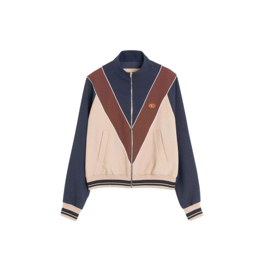 Sweat-shirt zippé VALENTINO Cardigan nylon bleu marine beige marron VLogo