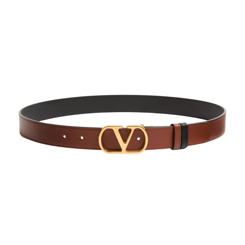 Ceinture réversible VALENTINO cuir veau brillant caramel noir VLogo doré