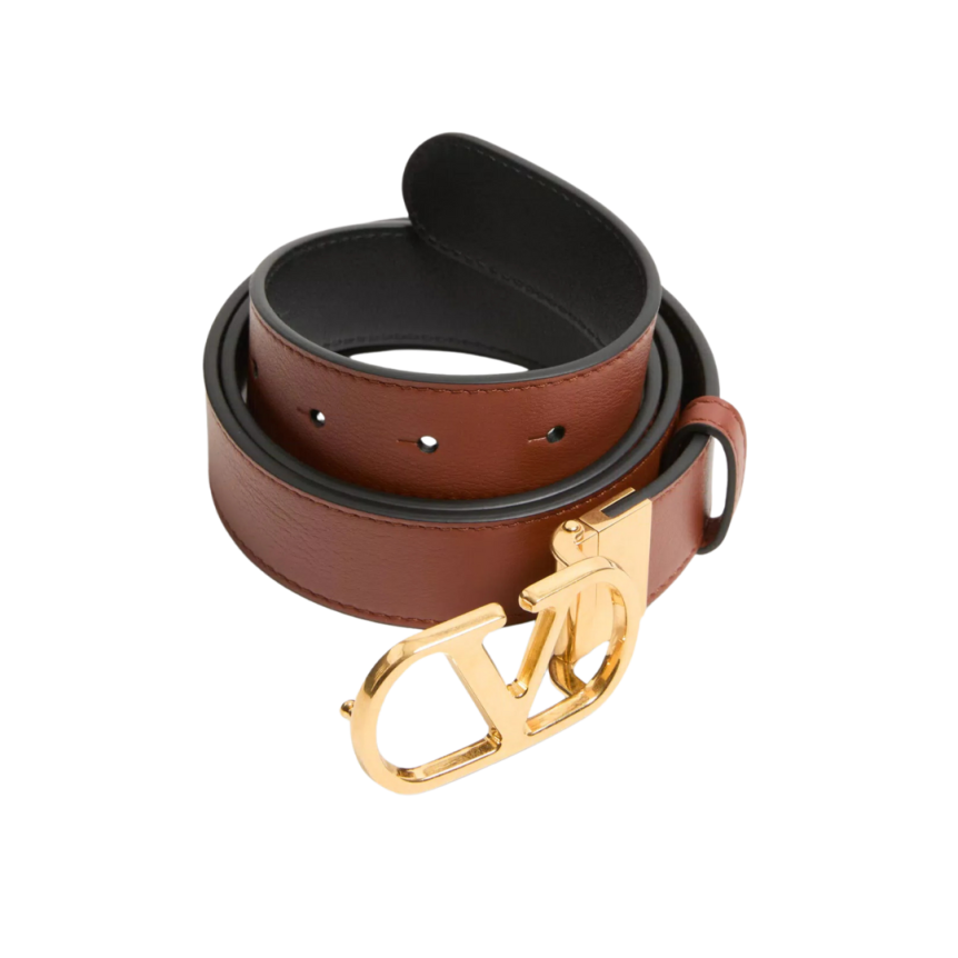 Ceinture réversible VALENTINO cuir veau brillant caramel noir VLogo doré