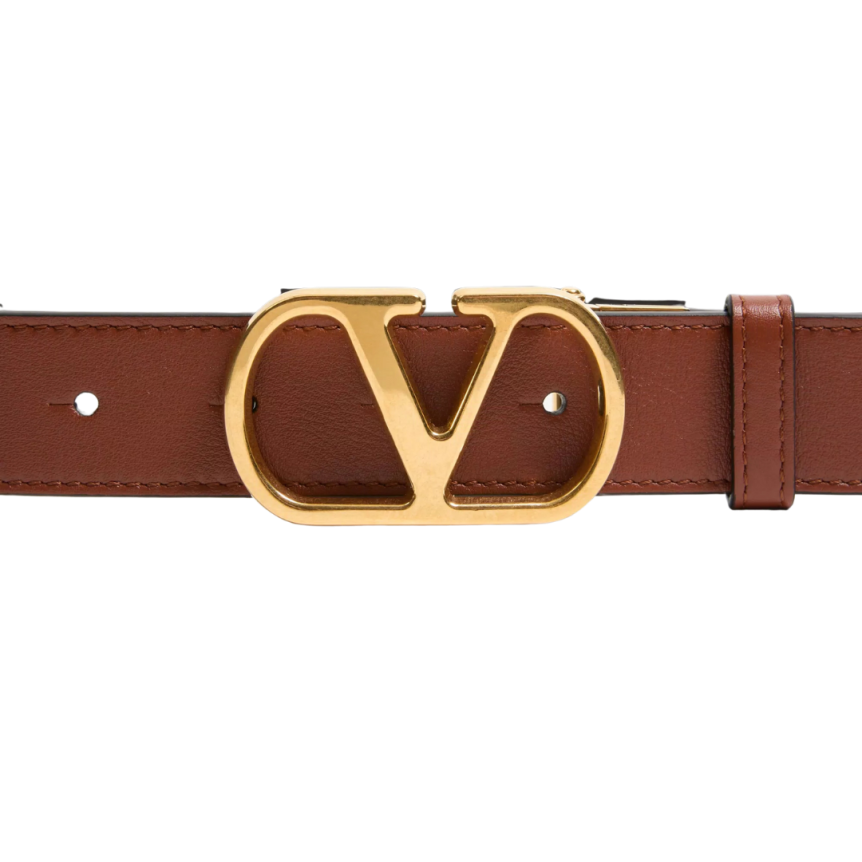 Ceinture réversible VALENTINO cuir veau brillant caramel noir VLogo doré
