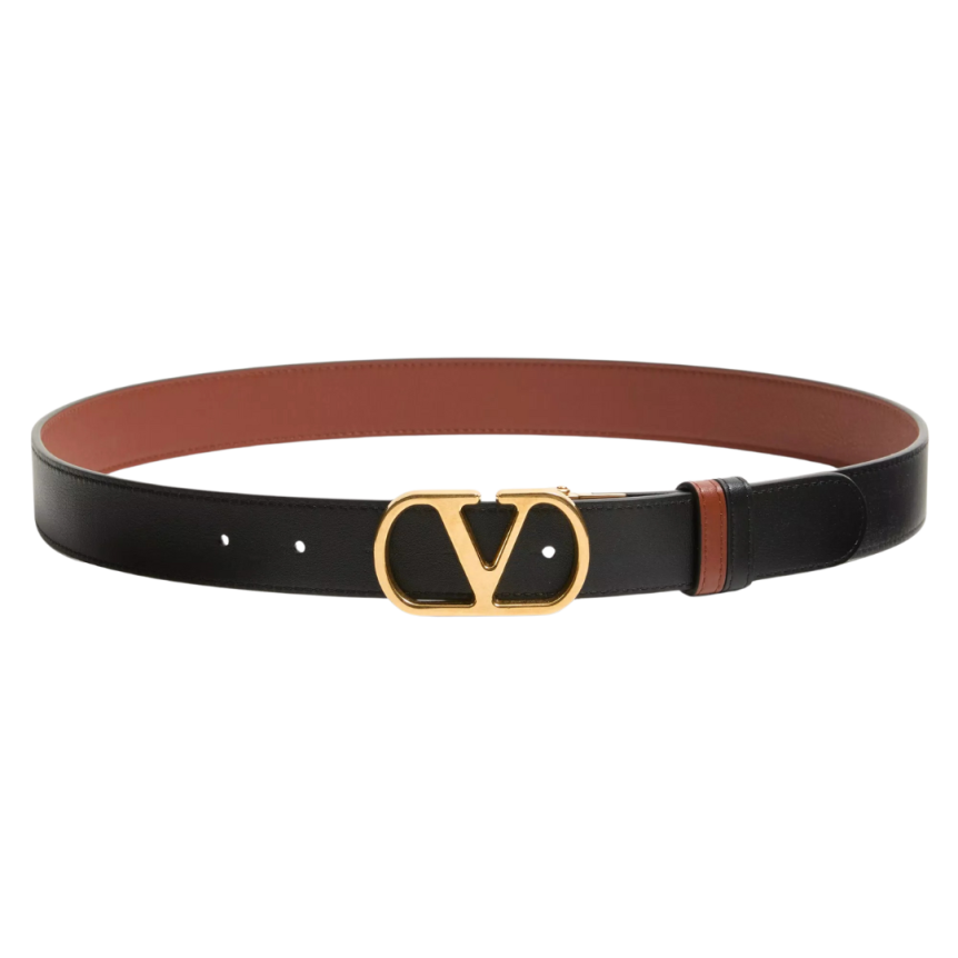 Ceinture réversible VALENTINO cuir veau brillant caramel noir VLogo doré