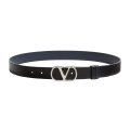 Ceinture réversible cuir veau brillant noir bleu marine VLogo argent