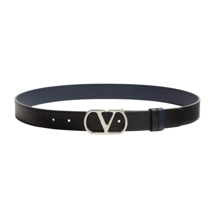 Ceinture réversible VALENTINO cuir veau brillant noir bleu marine VLogo argent