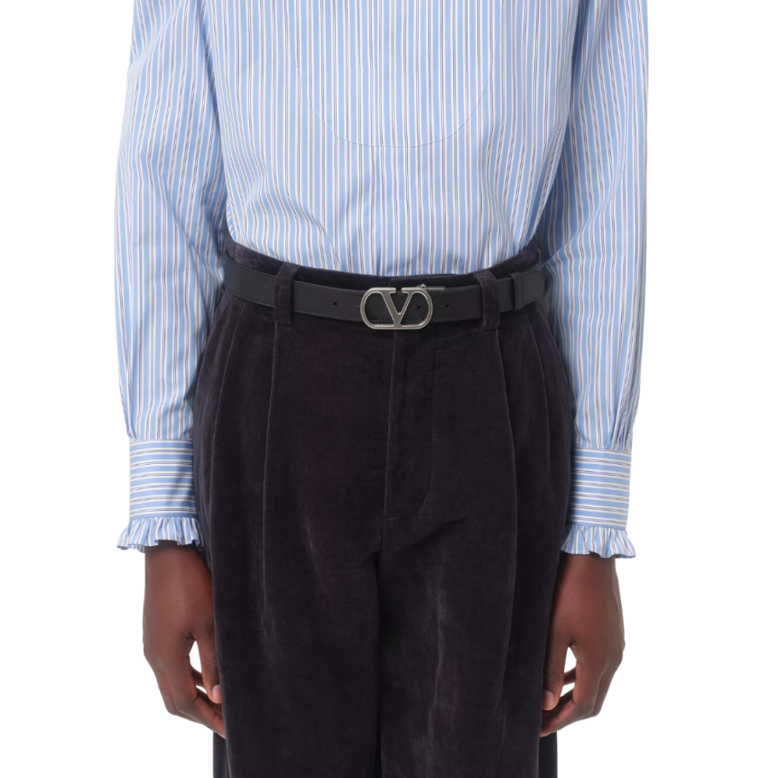 Ceinture réversible VALENTINO cuir veau brillant noir bleu marine VLogo argent