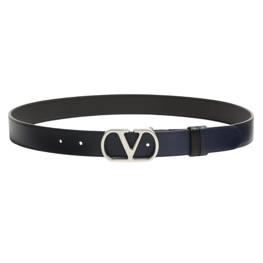 Ceinture réversible VALENTINO cuir veau brillant noir bleu marine VLogo argent