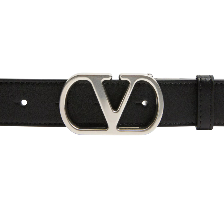 Ceinture réversible VALENTINO cuir veau brillant noir bleu marine VLogo argent