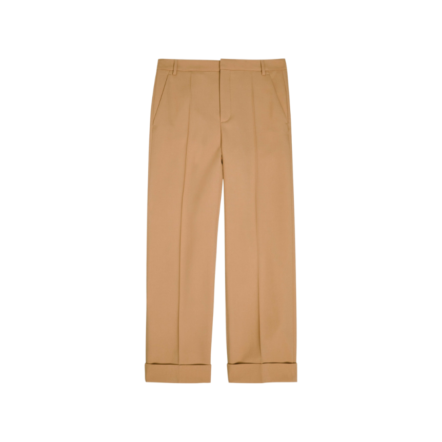 Pantalon droit VALENTINO gabardine laine camel revers bas large