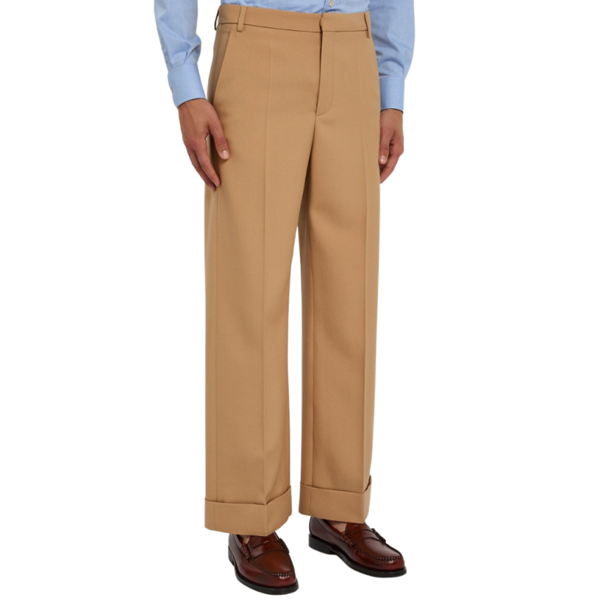 Pantalon droit VALENTINO gabardine laine camel revers bas large