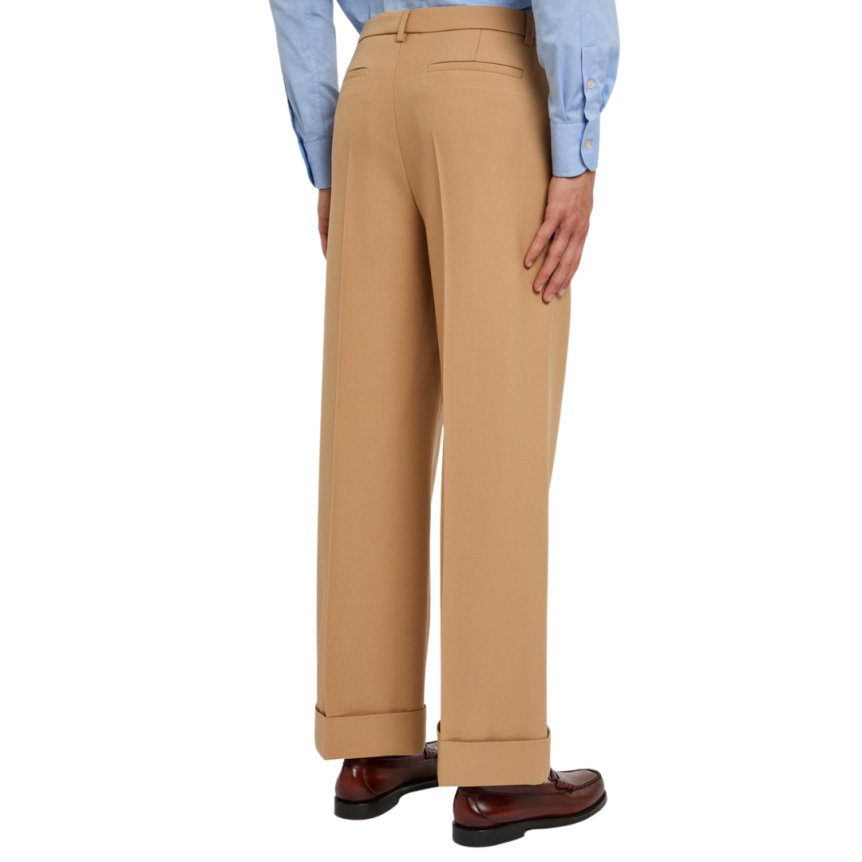 Pantalon droit VALENTINO gabardine laine camel revers bas large