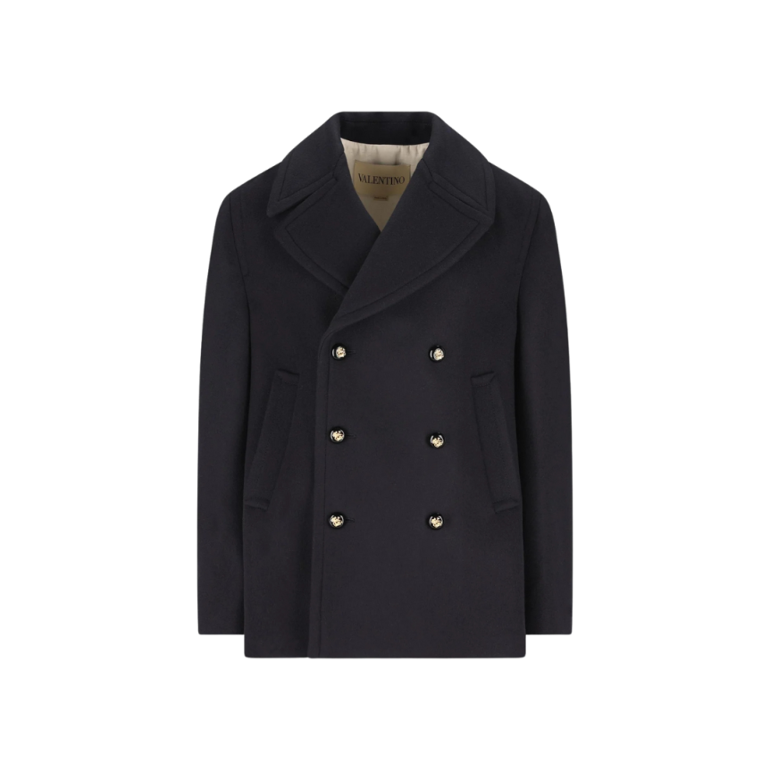 Caban manteau croisé VALENTINO laine vierge bleu marine bouton doré