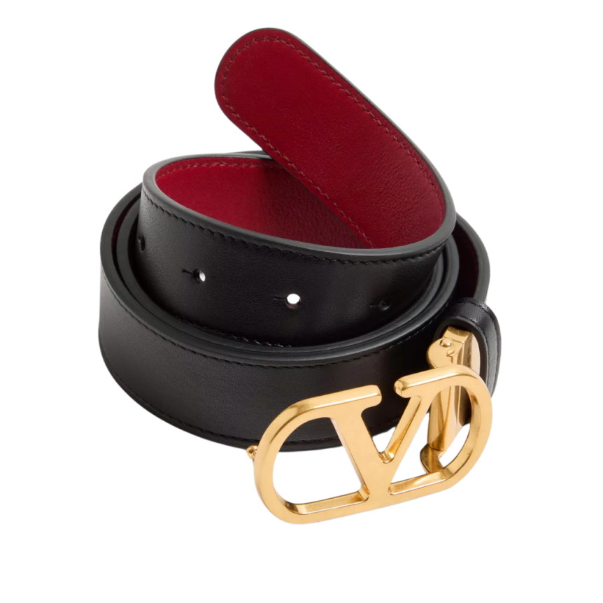 Ceinture réversible VALENTINO cuir veau brillant noir rouge VLogo doré