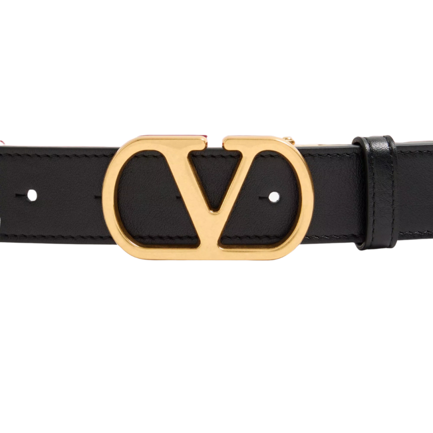 Ceinture réversible VALENTINO cuir veau brillant noir rouge VLogo doré