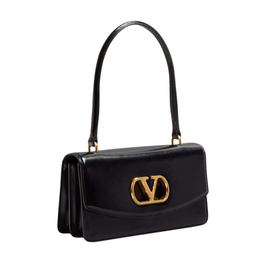 Sac porté épaule VALENTINO Vain cuir veau brillant noir Vlogo doré