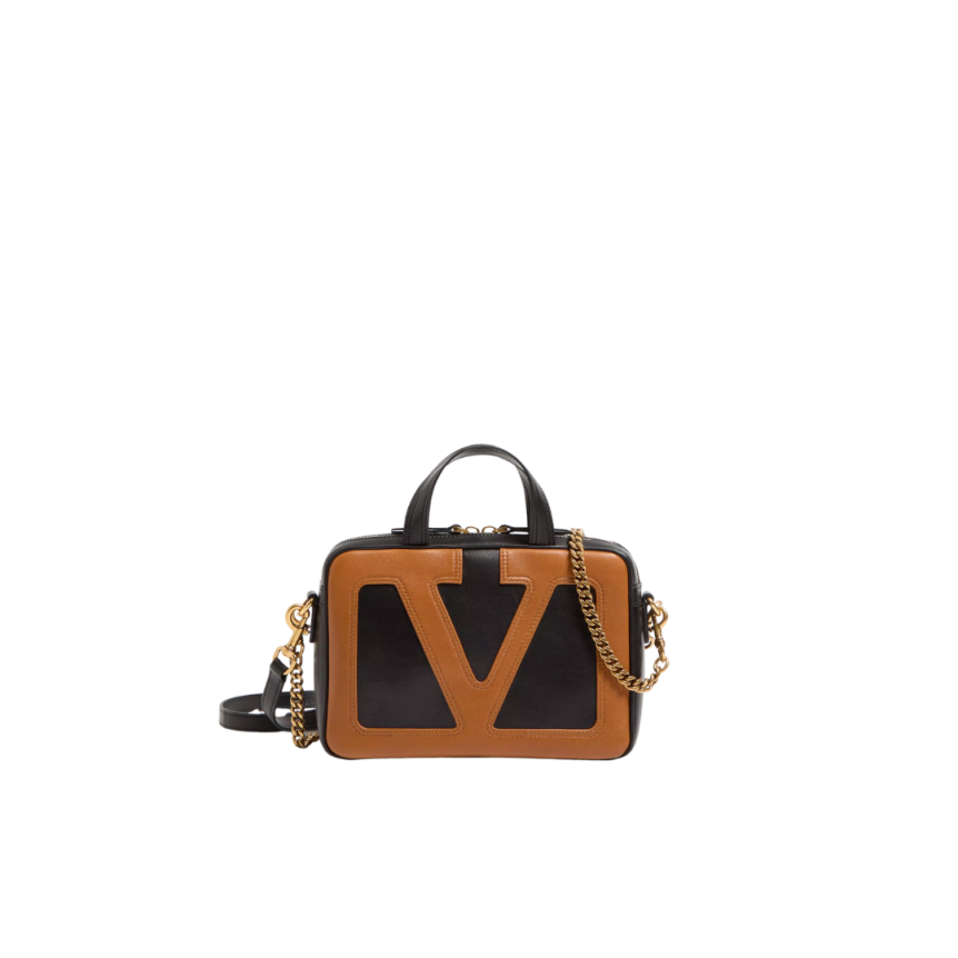 Sac à main VALENTINO Viva Superstar cuir nappa noir Vlogo camel