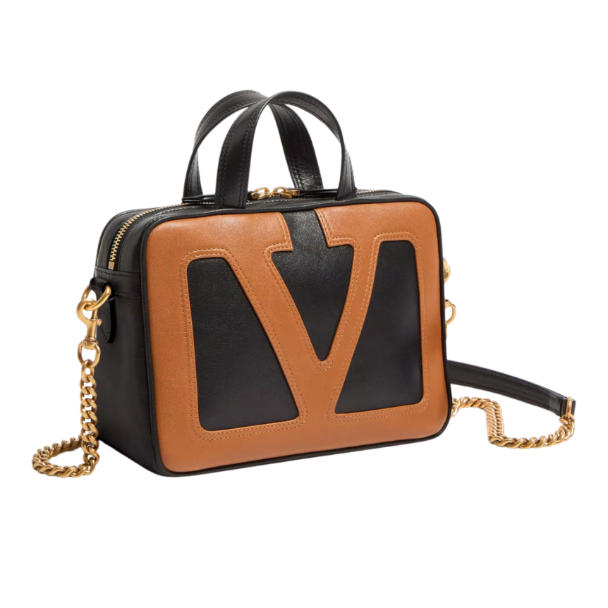 Sac à main VALENTINO Viva Superstar cuir nappa noir Vlogo camel