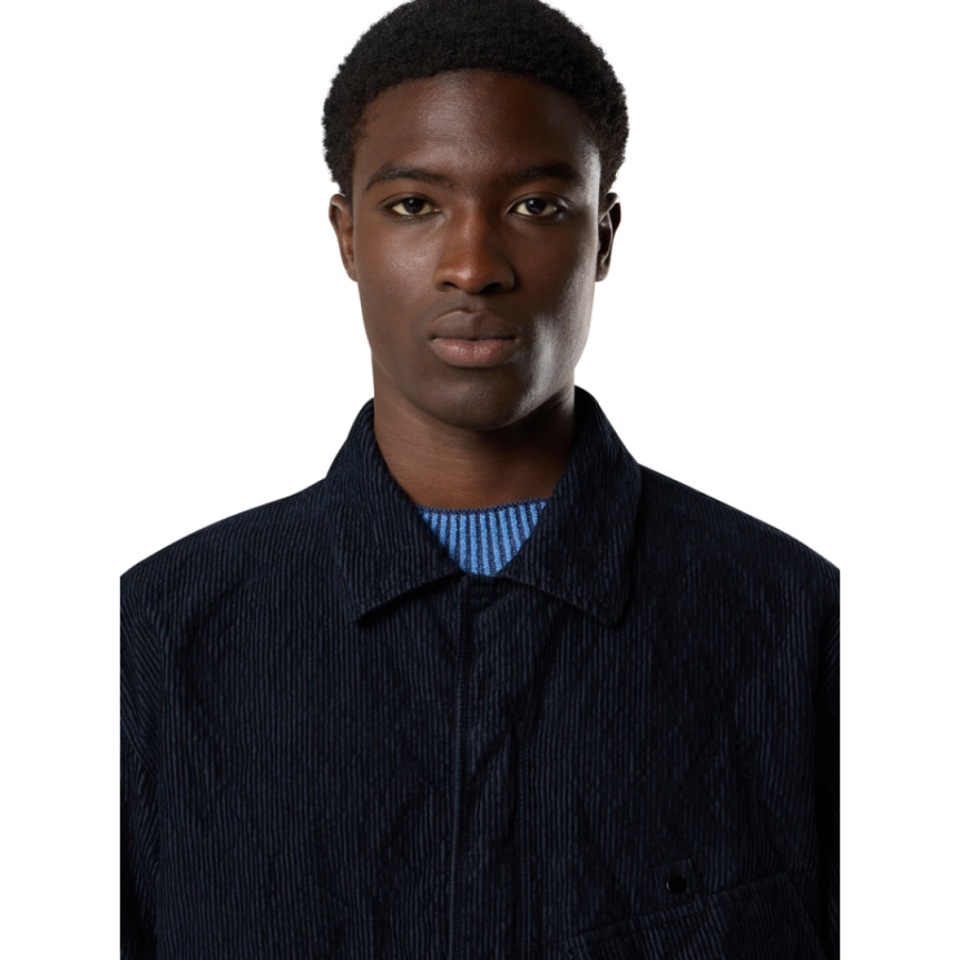 Surchemise zippée STONE ISLAND velours côtelé coton nylon bleu marine poche poitrine