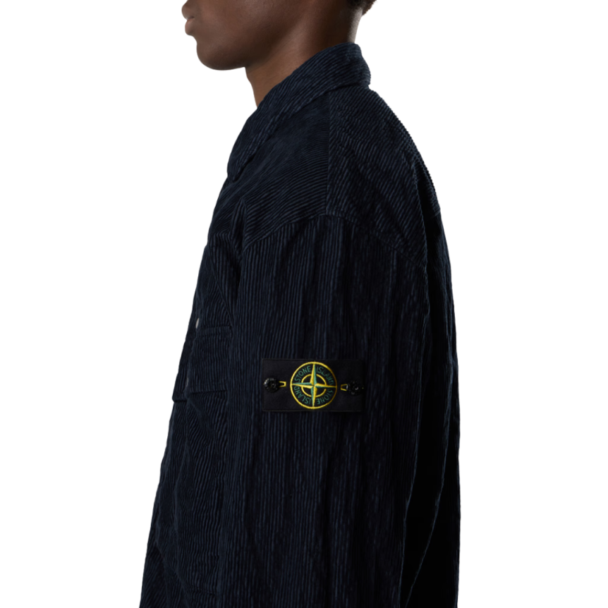 Surchemise zippée STONE ISLAND velours côtelé coton nylon bleu marine poche poitrine