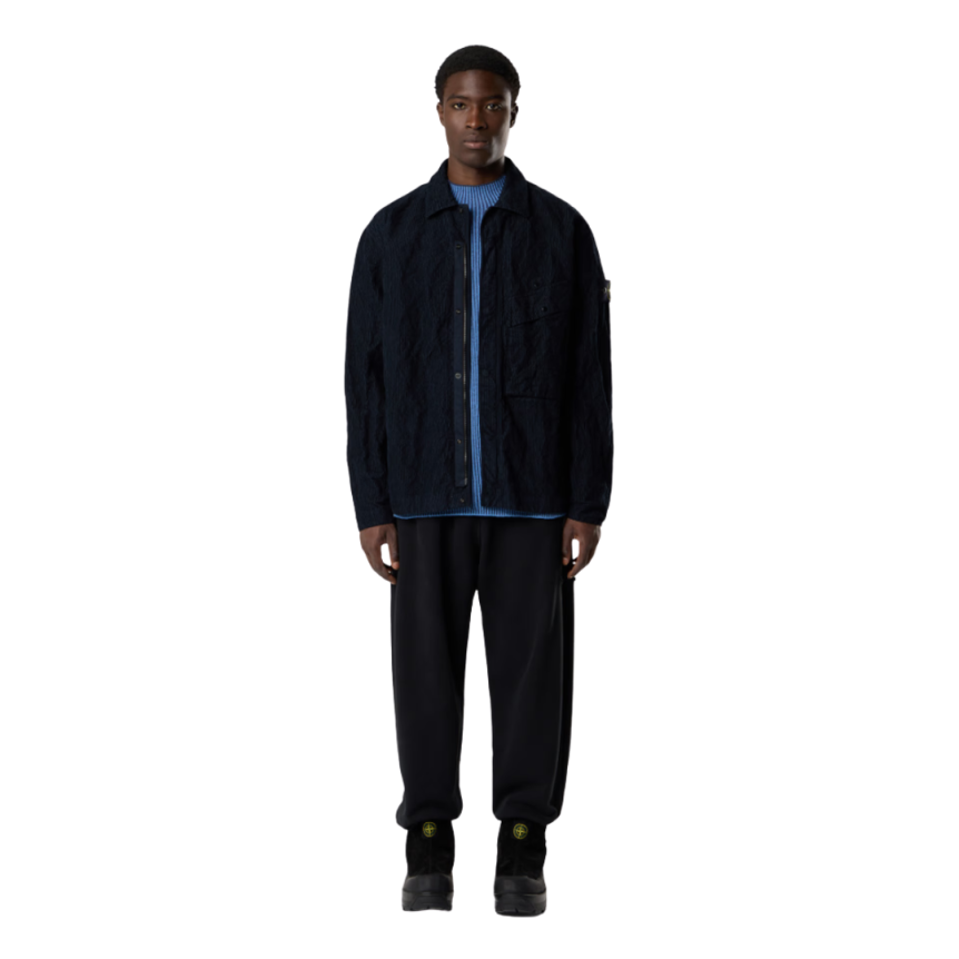 Surchemise zippée STONE ISLAND velours côtelé coton nylon bleu marine poche poitrine