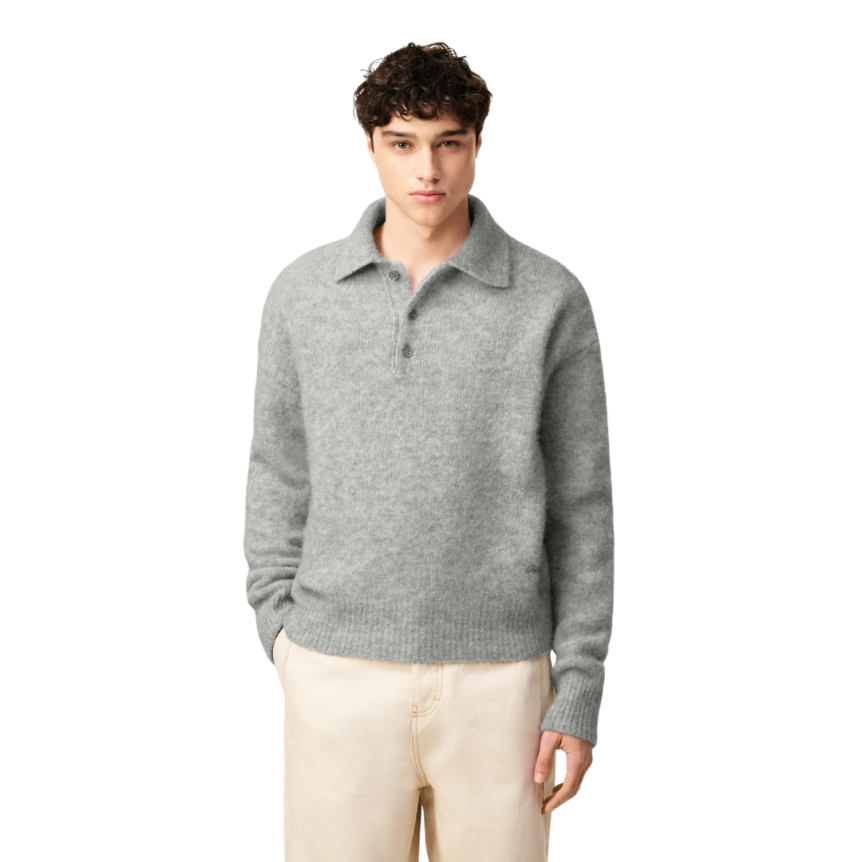 Pull col polo AMI Paris maille alpaga laine gris broderie AMI bas