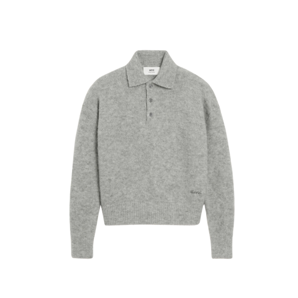 Pull col polo AMI Paris maille alpaga laine gris broderie AMI bas