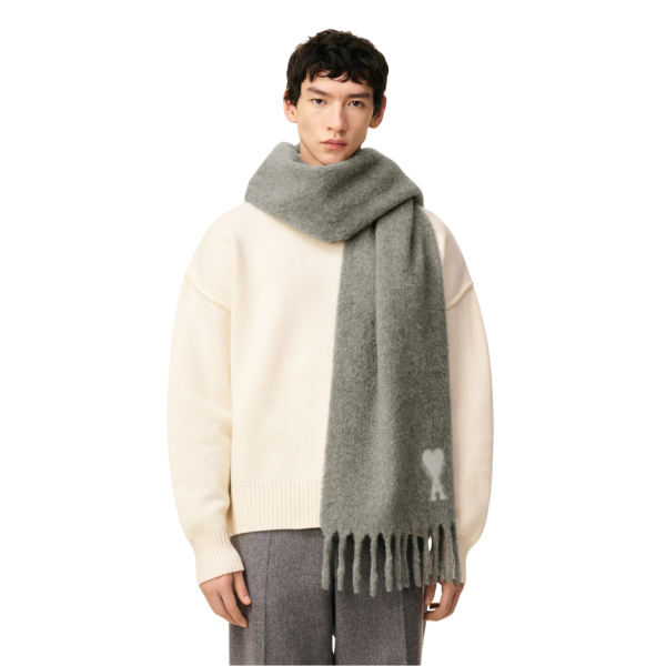 Echarpe oversize AMI Paris alpaga mélangé gris cœur blanc