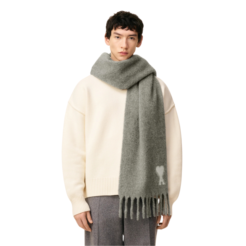 Echarpe oversize AMI Paris alpaga mélangé gris cœur blanc