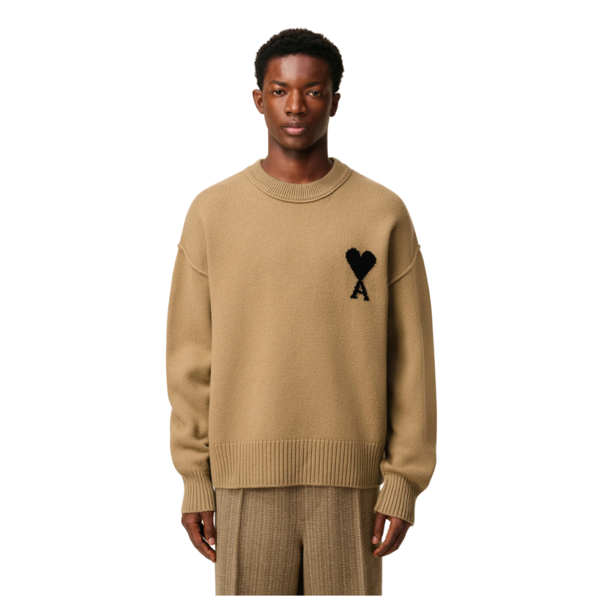Pull col rond AMI Paris laine mérinos camel ami de cœur noir